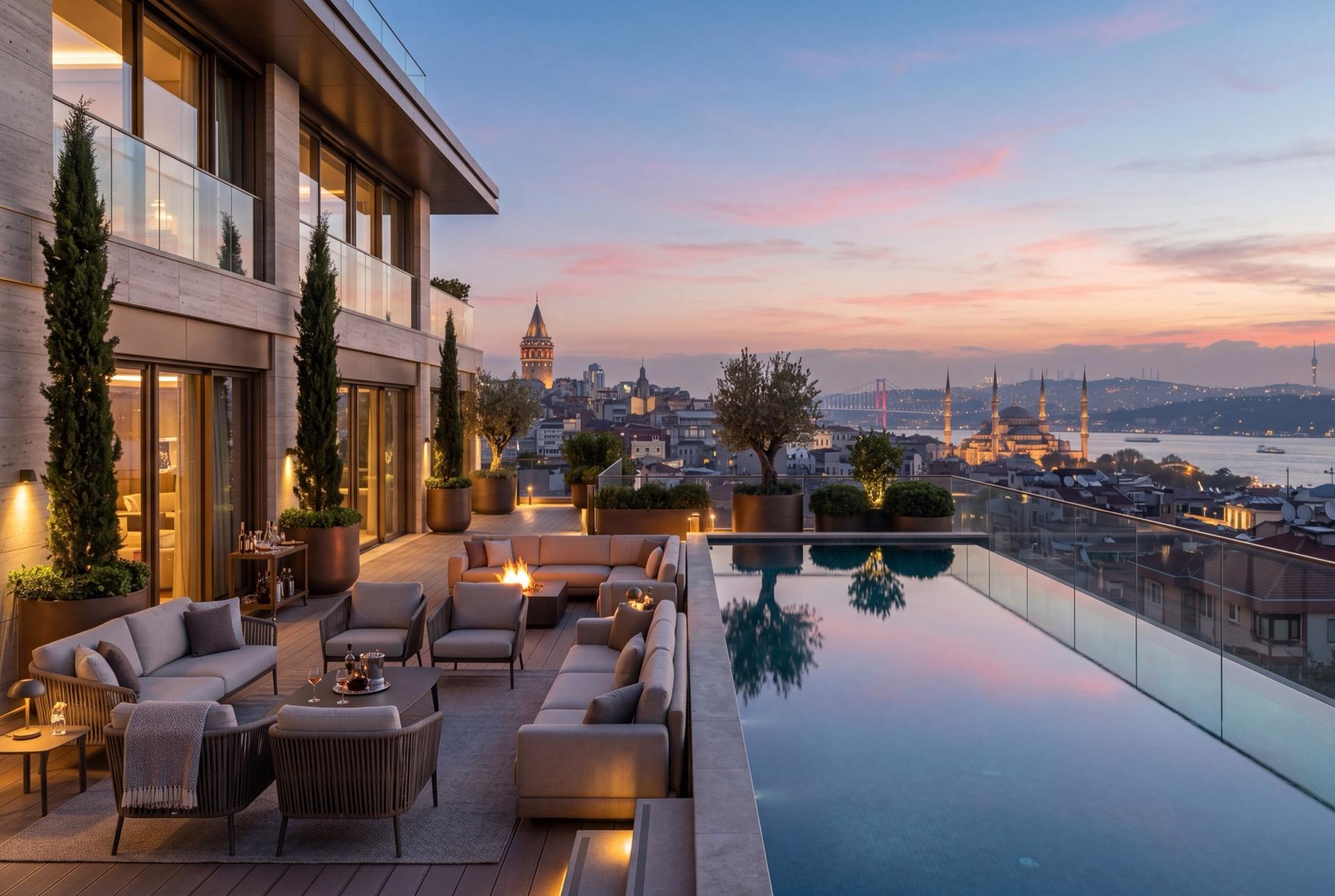 Terrace view across the Bosphorus to Galata and the old city
