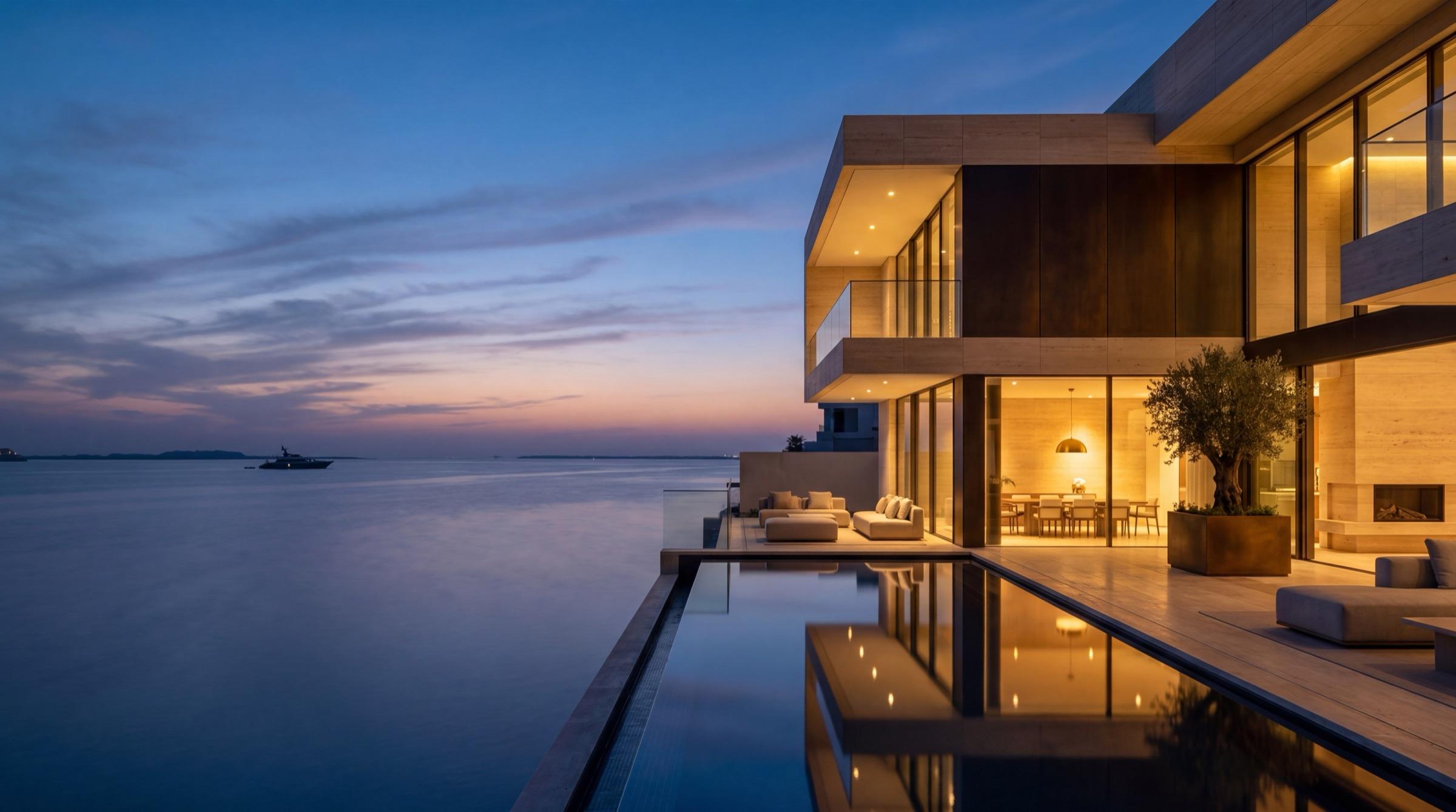 Private waterfront residence at dusk